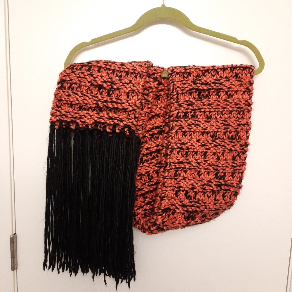 Heavy Thick Long Scarf - Coral and Black with Long Black Fringe
